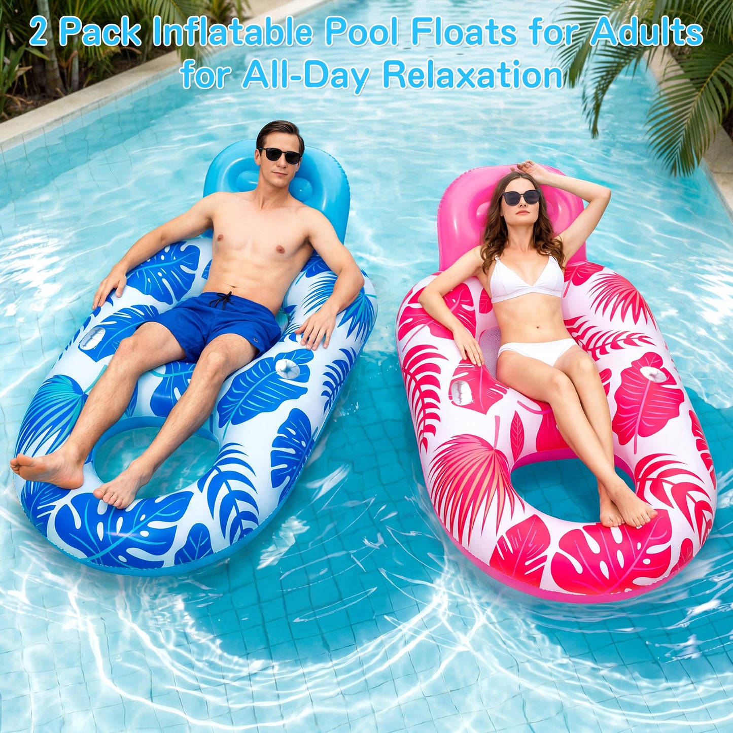 FindUWill Pool Floats for Adults 2 Pack, Inflatable Pool Lounge Chair Floaties with Cup Holder, Heavy Duty Water Floating Rafts Swimming Toys for Summer Party Travel, Beach, Lake