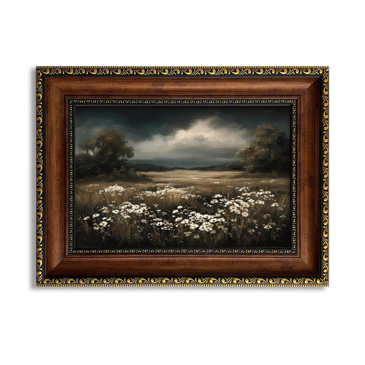 Moody Flower Field Framed Canvas Wall Art Vintage Landscape Painting Print Rustic Farmhouse Meadow Wall Decor Dark Academia Nature Floral Artwork for Living Room Bedroom Office