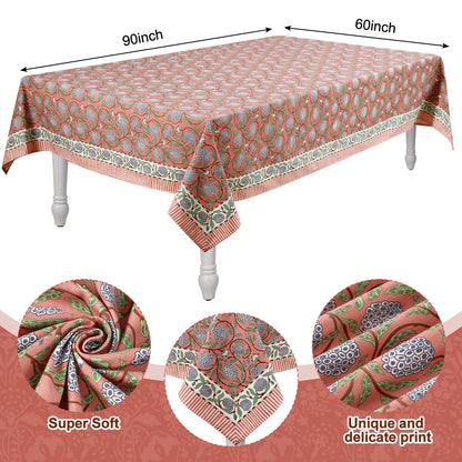 Newtay 60'' x 90'' Hand Block Print Mahjong Table Cloth Square Cotton Floral Tablecloth Washable Print Rectangle Table Cover with Dust Proof for Kitchen Dining Party(60'' X 90'',Dark Salmon,Pink)