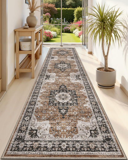 DEXI Hallway Washable Runner Rug 3x7, Vintage Farmhouse Thin Kitchen Runner with Non Slip Backing, Soft Entryway Floor Rug, Stain Resistant Distressed Carpet for Bedroom Living Room, Brown