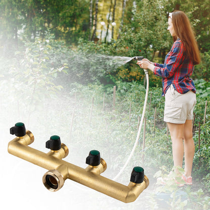 Heavy Duty Solid Brass 4 Way Hose T Tap Connection with 4 Individual On/Off Valve and Extended Handle, Garden Outdoor Pipe Tap Splitter
