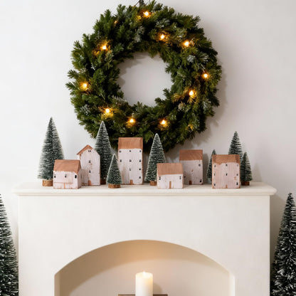Mokof 12 Pcs Christmas Village Set - 6 Wooden Houses and 6 Snowy Trees, Farmhouse Christmas Decorations Indoor for Tabletop, Mantel, Shelves Holiday Decor (2.8" to 5.5" Tall)