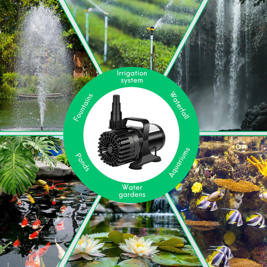 Hurmovae 100W 1800 GPH Pond Pump for Koi Ponds & Water Feature, 14ft Lift, 180° Adjustable Outlet, Ultra-Quiet Fountain Pump, Waterfall Pump, Submersible Water Pump, Barrier Bag & 20FT Cord, UL Listed