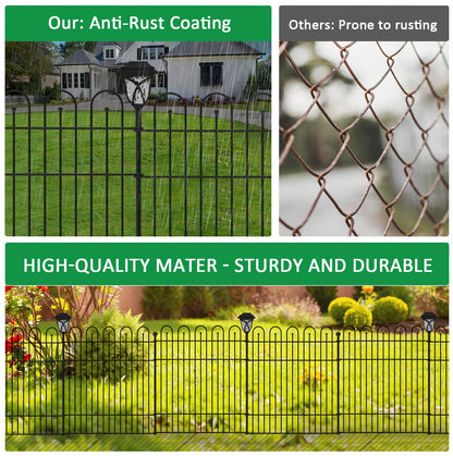 Garden Fence Animal Barrier with Lights & Gate, 32 in (H) x23.6ft (L) Decorative Garden Fence, 10 Panels No Dig, Rustproof Metal Temporary Fence, for Outdoor, Yard, Patio