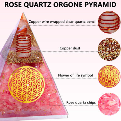 Anaya Agate Rose Quartz Orgone Pyramid – Handmade Orgonite Pyramid with Flower of Life – Rose Quartz Crystal Pyramid for Love, Relationship, Chakra Balance – Meditation Pyramid for Yoga, Reiki