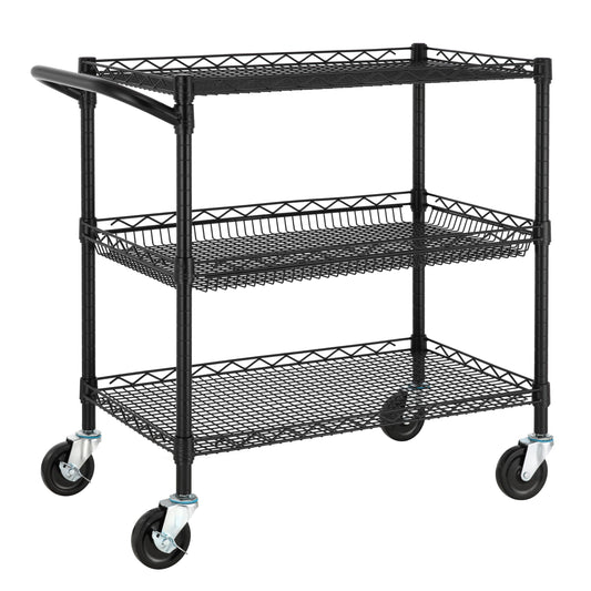 Finnhomy 3 Tier Heavy Duty Commercial Grade Utility Cart, Wire Rolling Metal Trolley with Handle Bar, Steel Kitchen Service Cart with Wheels, Food Storage Trolley on Wheels, NSF Listed, Black