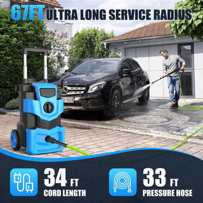Imdot Adjustable Electric Pressure Washer 5000PSI with 33FT Flexible Extension Hose + 34FT Power Cord, 4 Nozzles, Foam Cannon, Best Power Washer for Cars, Patios, Driveways, Blue