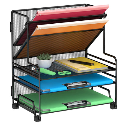 Desk File Organizer, 3-Tier Letter Tray Paper Organizer and 2-Pocket Metal Hanging Basket for Office School Classroom Organization