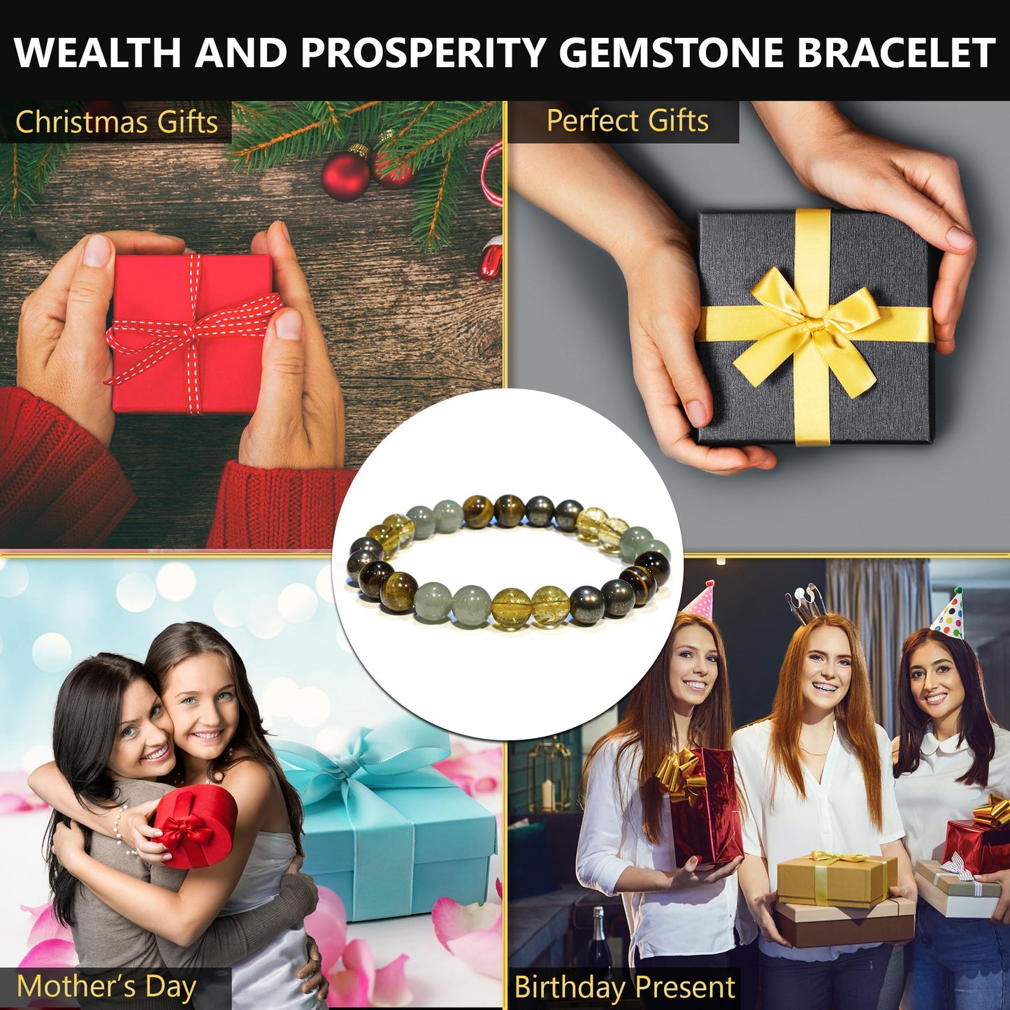 ANAYA AGATE Money Wealth Success Bracelet - Pyrite Green Aventurine Tiger Eye Citrine Bracelet Set for Men Women Healing Calming Anxiety Stress Relief Pulseras Para Hombres Mujer Stocking Stuffers