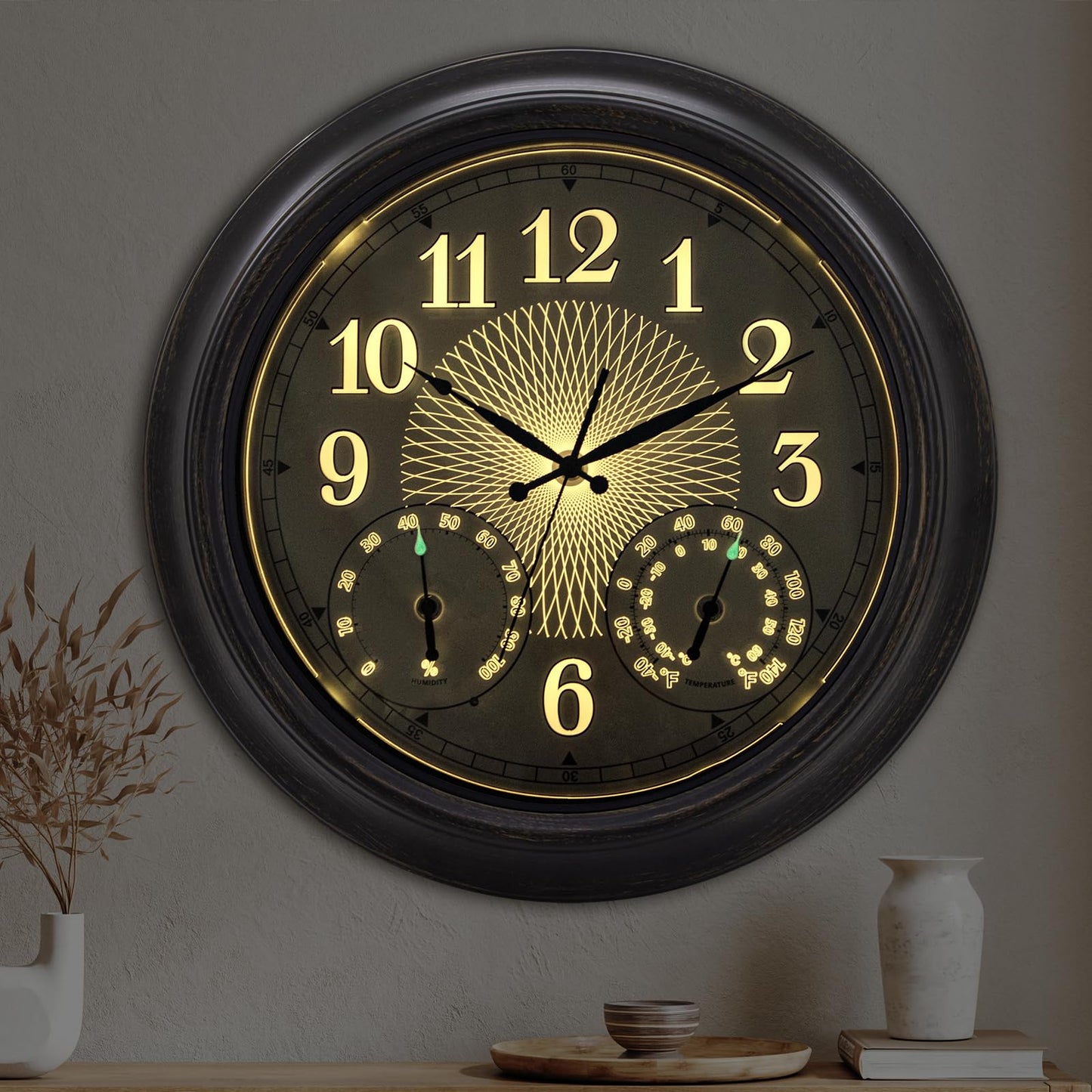 NESIFEE 18 Inch Illuminated Indoor Outdoor Clock Waterproof with Thermometer Hygrometer Smart Sensor Large Black Metal Wall Clocks Battery Operated for Patio, Garden, Living Room, Bedroom, Pool, Porch