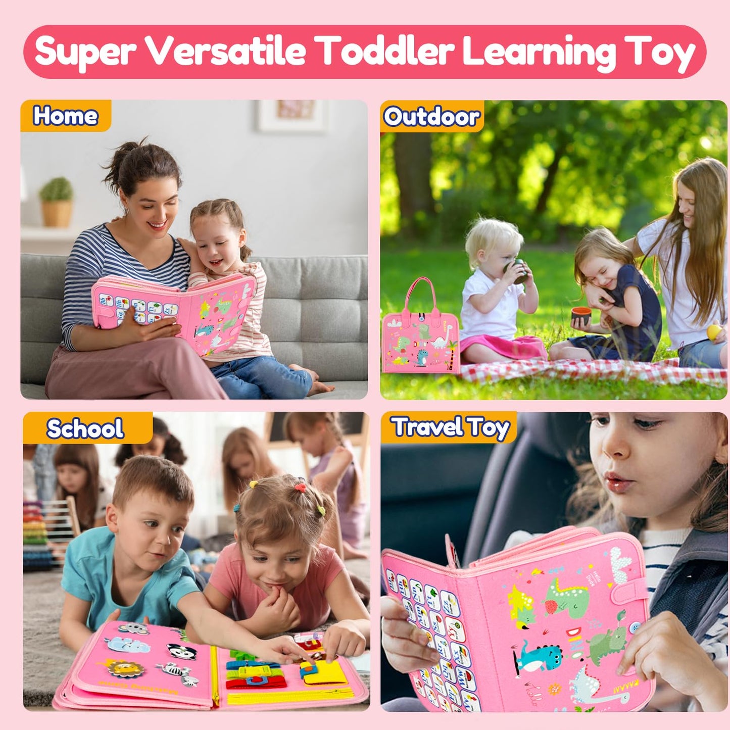 Qizfun Toddler Busy Board Montessori Toys – Sensory Busy Book, Educational Learning Travel Toy for Airplane & Car, Keeps Toddlers Engaged, Birthday Gifts for Toddler Girls