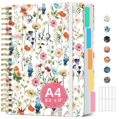 Large Spiral Lined Notebooks for Work with Removable Dividers & Tabs, 8.5"x11" Pretty Hardcover 5 Subject Notebook Journal for Women, College Ruled, Perfect for Study & Office Organization, 280 Pages,Wildflowers
