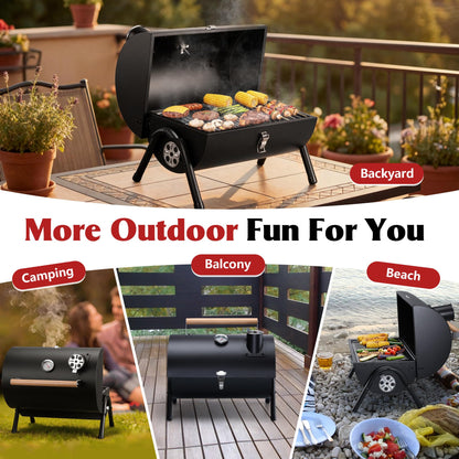 Portable Charcoal Grill with Thermometer, HaSteeL Small Tabletop Barbecue Grill Smoker for Outdoor Camping Backyard Beach BBQ, 117 Square Inches Cooking Area, Thick Steel, Screwdriver, Black