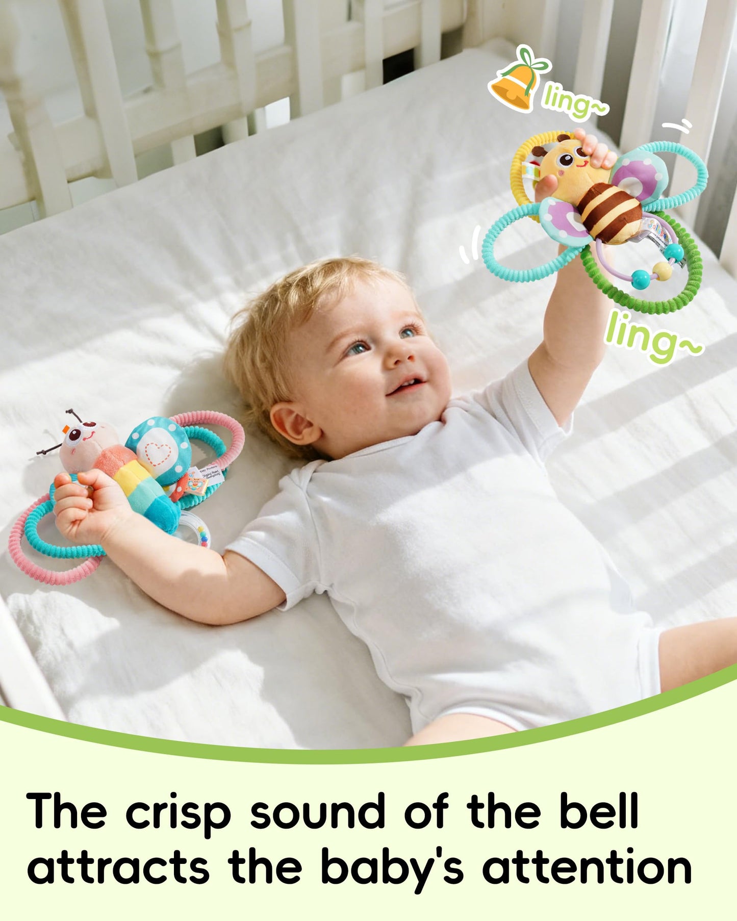 Jollybaby Soft Baby Rattles & Plush Rings Toy for Newborn 0-3-6-12 Months, Sensory Developmental Hand Teether Toys for Infant 0-2-4-7-8-9 Months, Baby Shower & Birthday Gifts - Butterfly