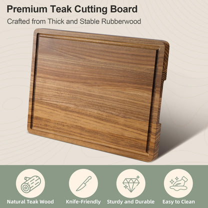 Teak Wood Cutting Board for Kitchen, Wooden Cutting Board with Juice Groove and Handles, Chopping Board Butcher Block for Meat, Vegetables, Bread and Cheese, 15.8 x 11 x 0.8 inch