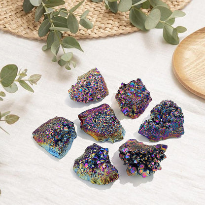 ZHIYUXI Rainbow Crystal Titanium Coated Crystal Cluster Crystal Geode Decor Rainbow Rock Natural Raw Crystal Energy Balance Reiki Wicca Home Decor 1Pc 50-70g