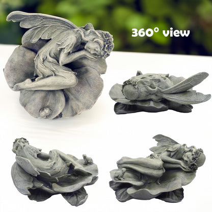 hvfun Garden Fairy Statue,Garden Sleeping Angel on Lotus Leaf with Bird Feeder Feature Outdoor Decor Sculptures Figurine Gardening Lawn