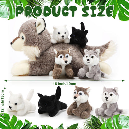 Shappy 5 Pieces Soft Wolf Stuffed Animal Family Set – 16 Inch Large Mommy Plush with 4 Small Baby Plushies on Galentines Valentines Day Easter Birthday Exchange Gifts for Kids Boys Girls