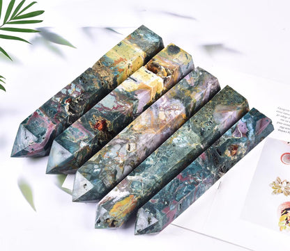 AMOYSTONE Large Ocean Jasper Stone Wand Healing Crystal Obelisk Tower 6 Faceted Column Reiki Chakra Meditation Therapy 2.2-2.6 LBS