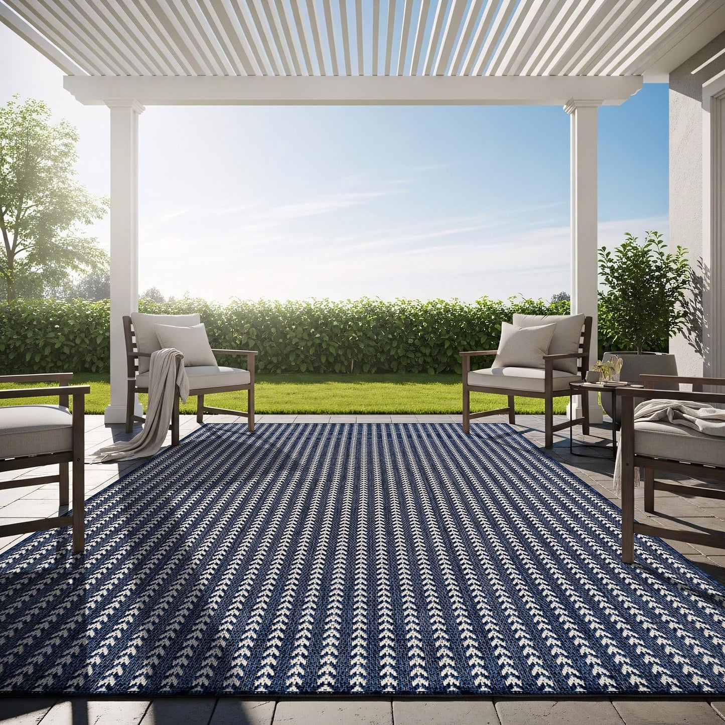 Washable Outdoor Rug 8x10 Modern Area Rugs Outdoor Carpets Striped Pattern Non Shedding Waterproof Easy Clean Patio Deck Porch Living Room Bedroom Garden RV (8 X 10 Navy)