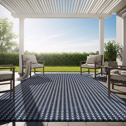 Washable Outdoor Rug 8x10 Modern Area Rugs Outdoor Carpets Striped Pattern Non Shedding Waterproof Easy Clean Patio Deck Porch Living Room Bedroom Garden RV (8 X 10 Navy)