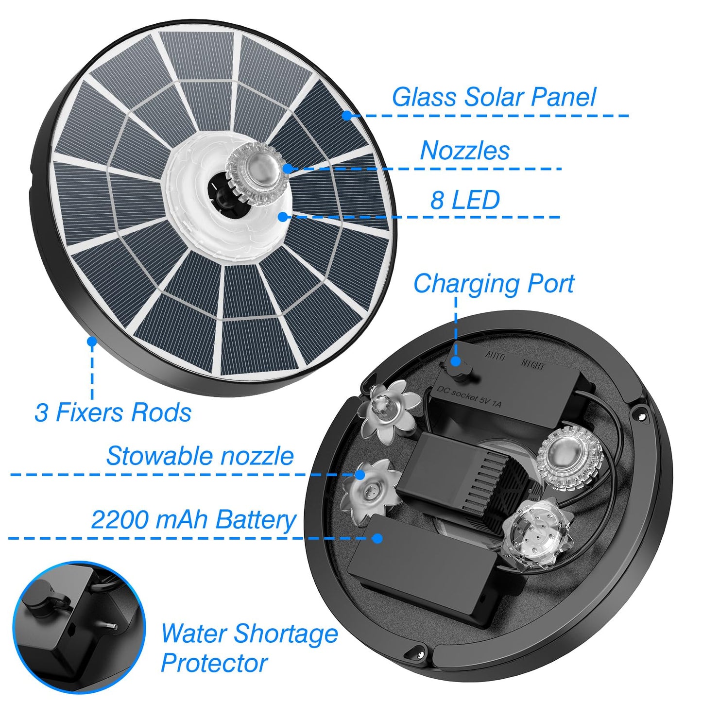 AISITIN 4W Solar Fountain with Lights, Chargeable Solar Bird Bath Fountains Built-in 2200mAh Battery, 2026 Upgrade Glass Panel Solar Water Pump for Bird Bath, Garden, Pond, Pool, Fish Tank, Aquarium