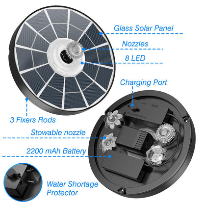 AISITIN 4W Solar Fountain with Lights, Chargeable Solar Bird Bath Fountains Built-in 2200mAh Battery, 2026 Upgrade Glass Panel Solar Water Pump for Bird Bath, Garden, Pond, Pool, Fish Tank, Aquarium