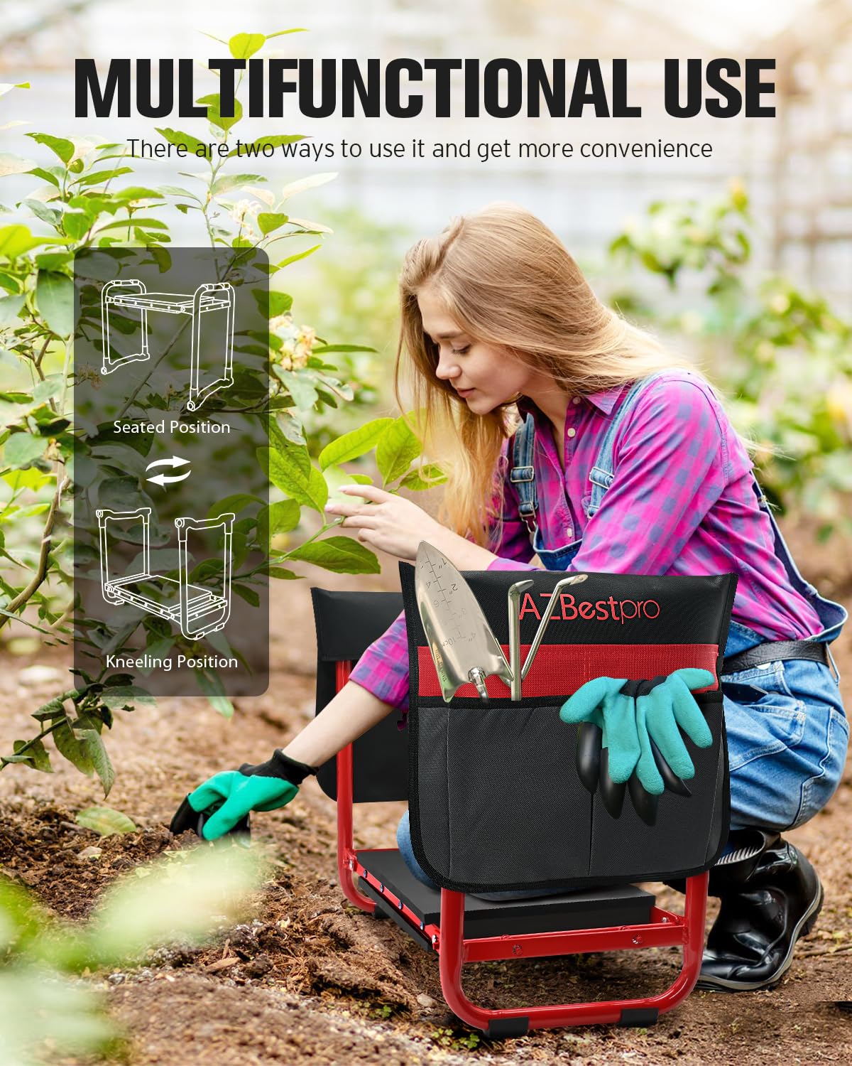 AZBESTPRO Garden Kneeler and Seat Heavy Duty,Upgraded Foldable Gardening Stool Widened to 10" Stable Wear-Resistant Prevent Knee and Back Pain, Bench High-End 2 Large Tool Bags Gift for Women