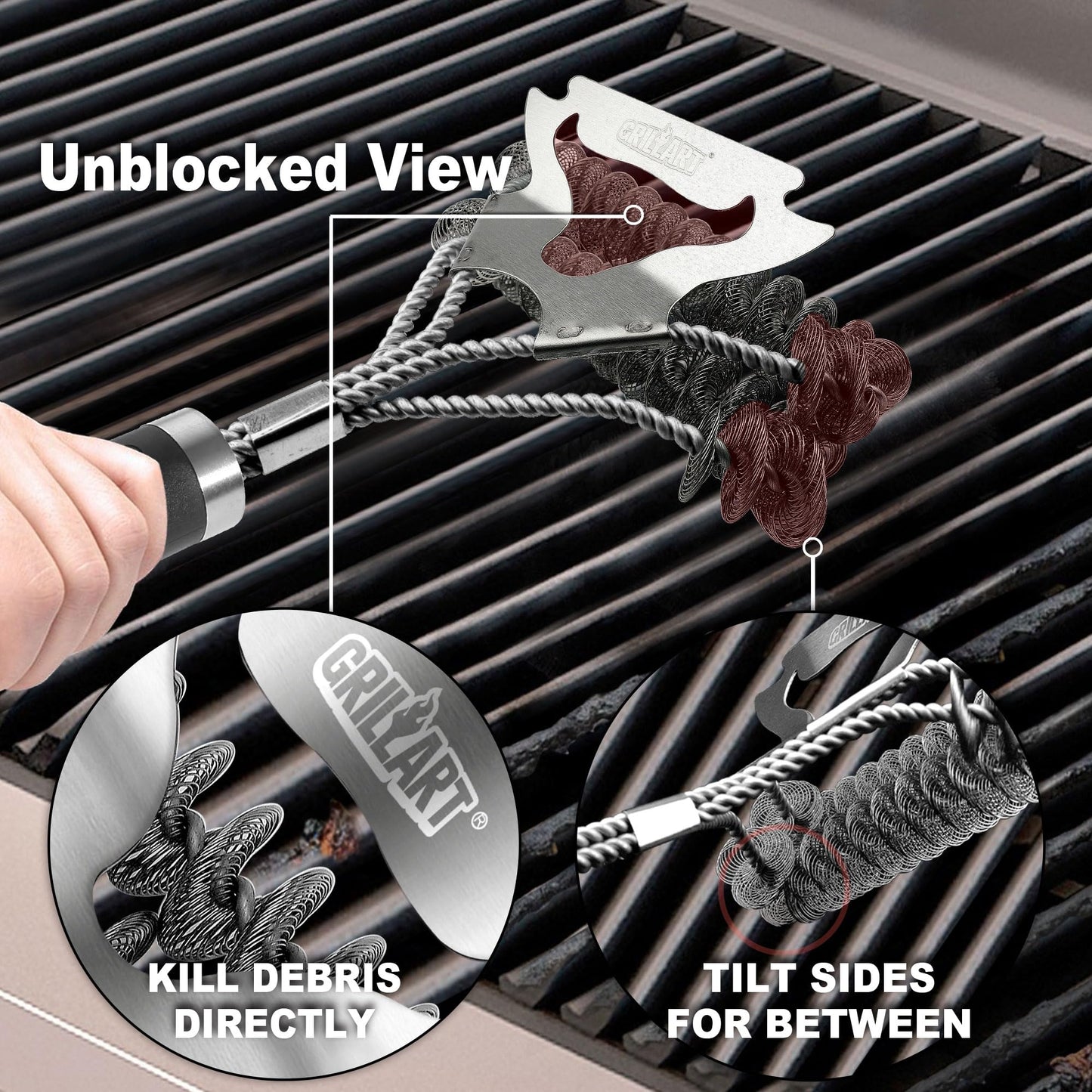GRILLART Grill Brush for Outdoor Grill Bristle Free - Safe BBQ Grill Cleaner Brush - 18" BBQ Brush for Grill Cleaning Kit -Stainless Grill Cleaning Brush BBQ Grill Accessories Tools- Gifts for Men Dad