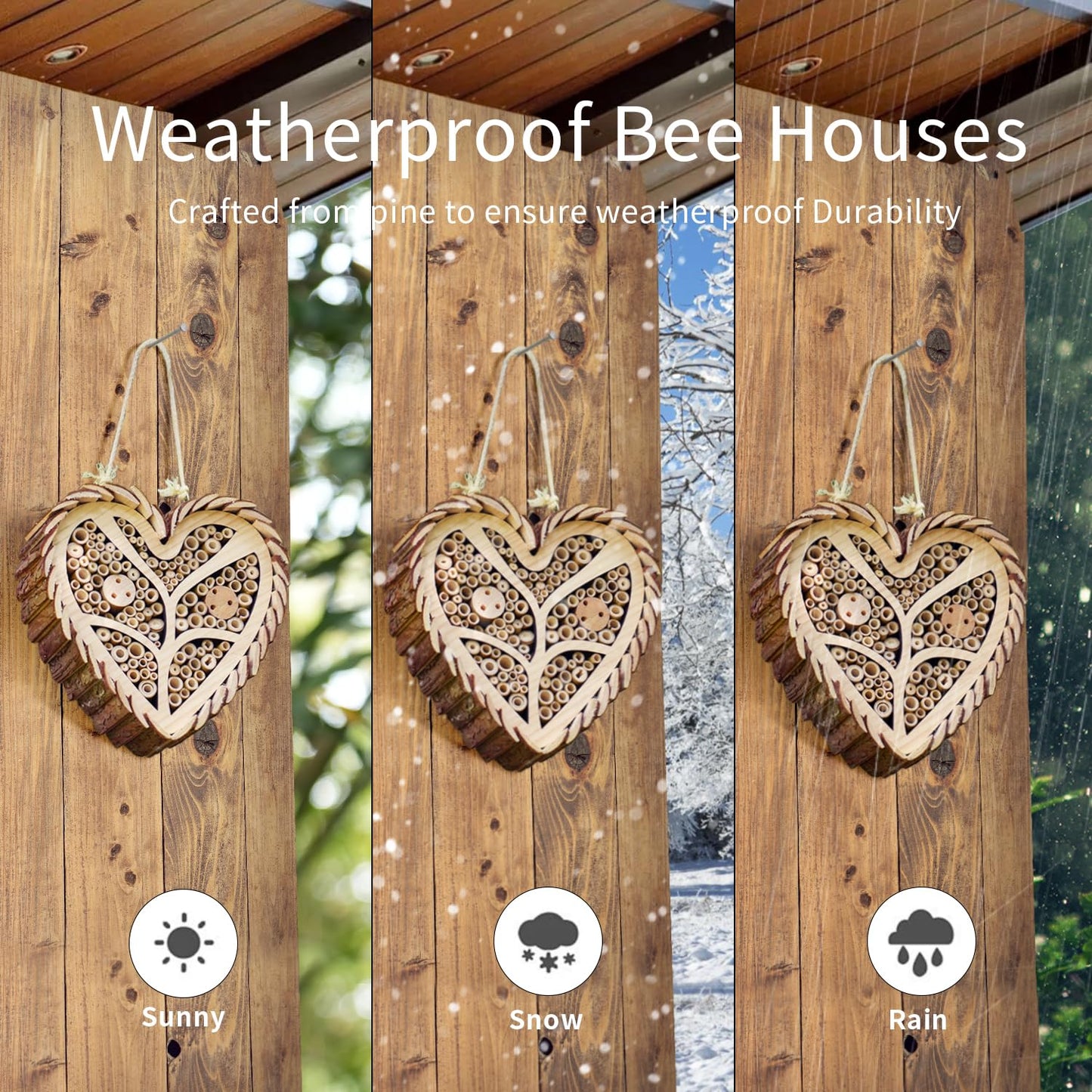 Mason Bee House, Heart-Shaped Wooden Bee House with Bamboo Tubes, Nesting Aid for Wild Bees, Natural Hanging Habitat for Pollinators, Increases Productivity in Your Garden, Brown