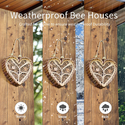 Mason Bee House, Heart-Shaped Wooden Bee House with Bamboo Tubes, Nesting Aid for Wild Bees, Natural Hanging Habitat for Pollinators, Increases Productivity in Your Garden, Brown
