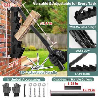 XCZNAGS Wall Mounted Wood Splitter: Dual-Handle Manual Kindling Splitter with 6-Tooth Clamping, Heavy Duty Steel Log Splitter for Soft Firewood, Includes Gloves and Screws for Indoor and Outdoor Use