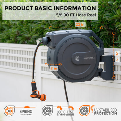 Giraffe Tools AW40 Retractable Hose Reel 5/8" x 90 ft Wall Mounted Garden Hose Reel Heavy Duty, Automatic Rewind, 180 Deg Swivel, Any Length Lock, 9 Pattern Nozzle, 90 ft, Dark Grey