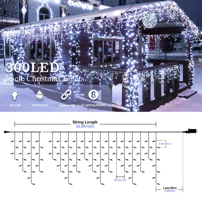 oopswow Icicle Lights Outdoor Decorations 300 LED 33ft 8 Modes Curtain Fairy String Light with 50 Drops, LED String Light Indoor for Wedding Party Holiday Christmas Decorations,White