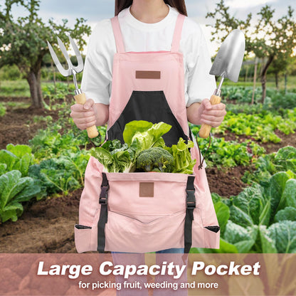 Berry&Bird Harvest Apron, Canvas Gardening Apron with Pockets and Harvesting Pouch Waterproof Harvesting Apron (Pink)