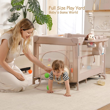 4 in 1 Pack and Play, Portable Travel Baby Bassinet, Foldable Travel Playard Playpen for Toddler, Bedside Crib Sleeper, Diaper Changer Table, Baby Playard for Newborn (Champagne)