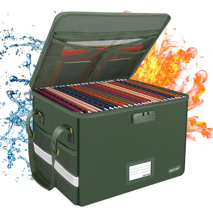 ENGPOW File Box with Lock, Fireproof Document Box with Zipper Lid, Collapsible File Storage Organizer Filing Cabinet with Handle, Portable Home Office Safe for Hanging Letter/Legal Folders, Green