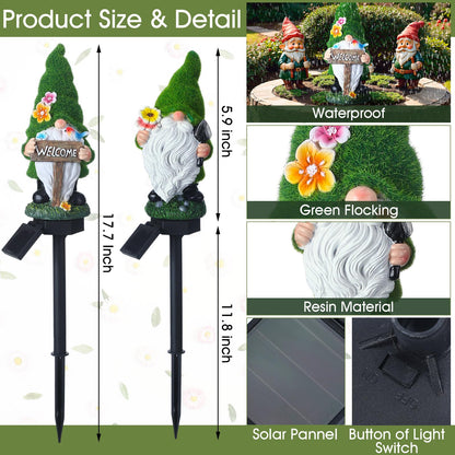 Rossesay 2 Pcs Solar Garden Gnomes Outdoor Decorations with Welcome Sign, Waterproof Resin Gnome Statues with Lights for Outside Yard Patio Porch Decor, Mothers Day Gifts for Mom Grandma Women
