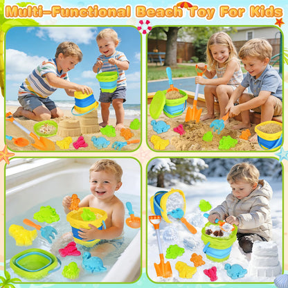 SpringFlower Beach Sand Toys for Kids, Sand Toys with 2 Collapsible Beach Bucket with Sifter Shovels Set with Mesh Bag and 6 Sand Molds, Foldable Beach Travel Beach Sandbox Toys, 11 PCS