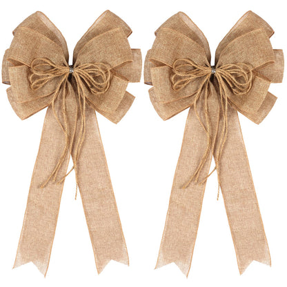 2 Pack Large Burlap Jute Hemp Rope Bows for Wreaths,Rustic Farmhouse Crafts Bow Wrapping Tree Topper Wedding Holiday Birthday Party Wall Home Boho Front Door Decorations