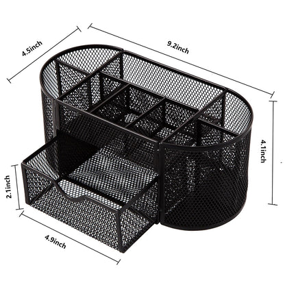 Comix Mesh Pen Pencil Holder Desk Organizer, 8 Compartment and 1 Drawer Wire Desktop Pen Pencil Cup Caddy Office Supplies Accessories for Home Office School, Black