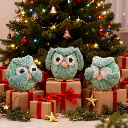 Etistta 3PCS Owl Plush for Home Decor 5 inch, See No Evil Hear No Evil Speak No Evil Owl Gifts for Women Bedroom Bird Christmas Decoration (Green)