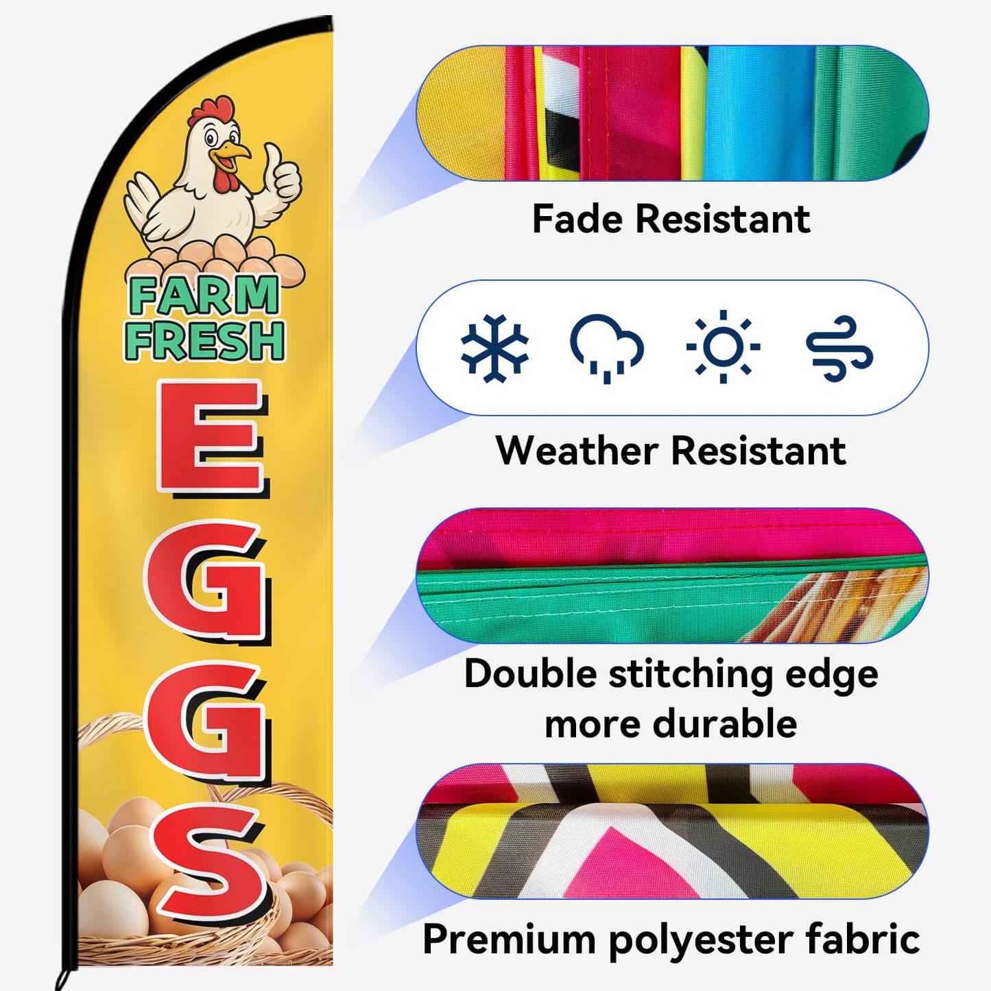 WOANIXY Farm Fresh Eggs Feather Flag With Pole Kit, Double Sided 8FT Durable Polyester Outdoor Advertising Flag, Roadside Sign For Egg Sales, Farm Stand, Farmers Market & Backyard Chicken