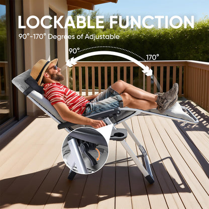 DUMOS Zero Gravity Chair, Reclining Camping Lounge Chair for Outdoor, Reclining Patio Chairs with Cup Holder Trays and Removable Cushion, Folding Recliner for Indoor, Grey