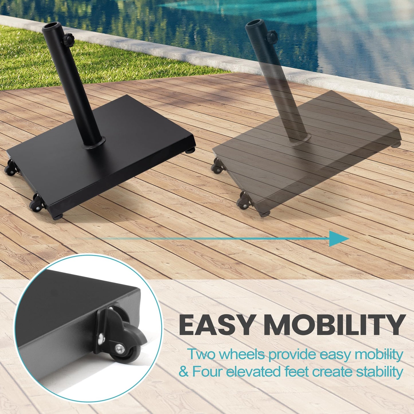 VredHom Patio Umbrella Base 43lbs Outdoor Umbrella Stand with Wheels, Heavy Duty Square Concrete Stand Market Umbrella, Black
