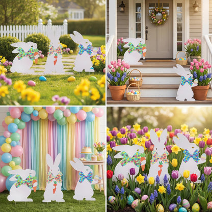 3PCS Easter Outdoor Decoration Bunny Yard Signs with Metal Stakes Waterproof Spring Welcome Sign for Party, Lawn, Garden Home Decor