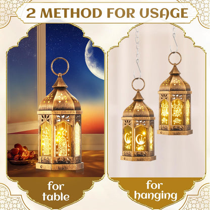 Retisee 4 Pcs 7" Ramadan Large Eid Mubarak Lantern Moon Star Hanging LED Lantern for Home Patio Table Wedding Centerpiece Festival Decoration (4 Styles,Bronze Gold)