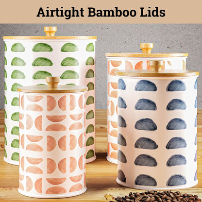 Kitchen Canisters for Countertop Set of 4 - Patterned Iron Kitchen Canisters with Airtight Lids - Flour Sugar Canister Set - Flour and Sugar Containers Farmhouse - Coffee Jar for Counter - White Jar