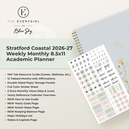 Blue Sky The Everygirl 2026-2027 Weekly and Monthly Academic Year Planner Calendar, July 2026 - June 2027, 8.5" x 11", Flexible Cover, Wirebound, Laminated Tabs, Storage Pocket, Includes Stickers, Stratford Coastal