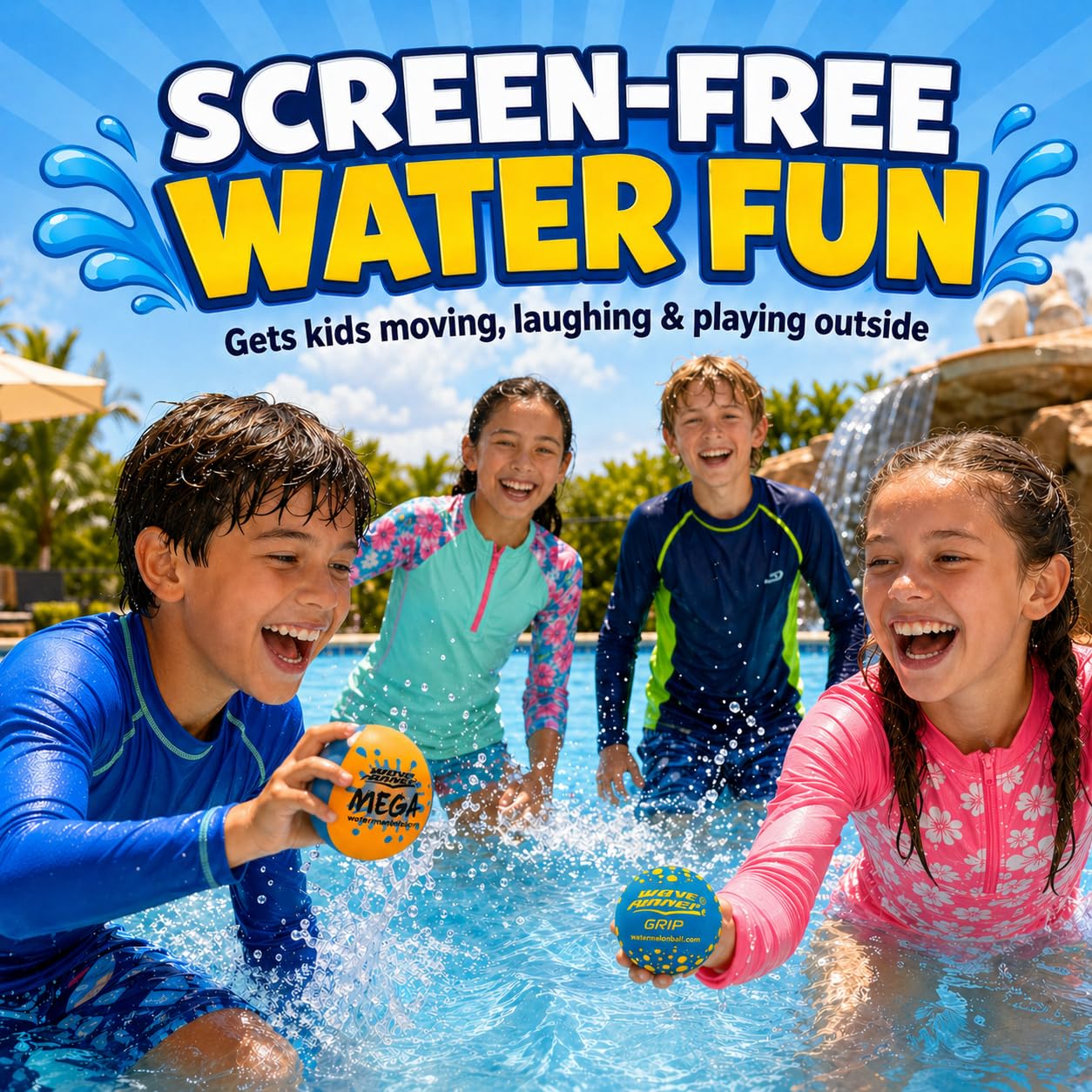 Wave Runner Water Skipping Balls 2 Pack, Soft Foam Pool Balls for Kids & Adults, Bounce Across Water, Floating Beach Toys with Mesh Bag, Summer Pool Toys for Family Vacation, Ages 6+